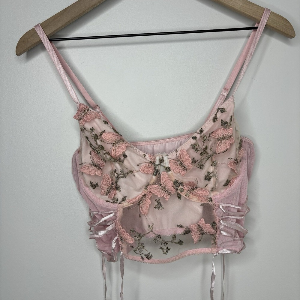 Festival Bra Top Corset Bustier Dainty Y2K Romantic Pink Lace Fairy‎ Butterfly